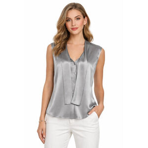 St John Collection Blouse Size 16 Liquid Satin Silver Gray Sleeveless Tie Neck